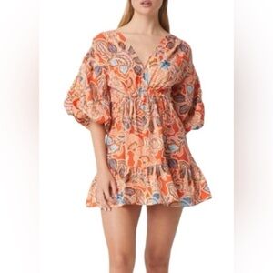 MISA Los Angeles‎ Sari Poplin Mini Dress - S Orange Floral Boho Puff Sleeve